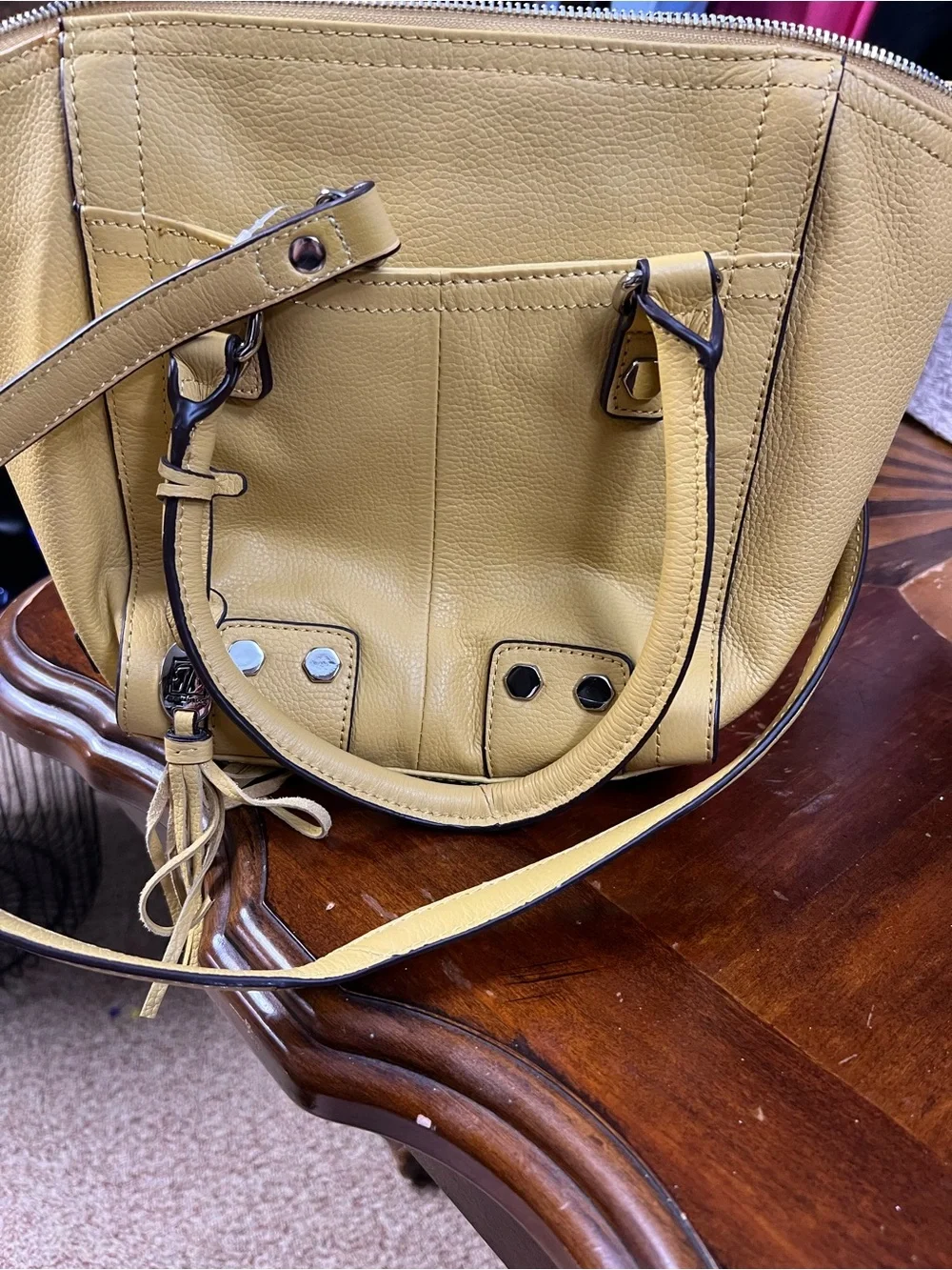 Tignanello Mustard Leather Shoulder Bag with Tassel